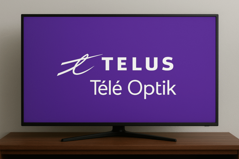 Écran de télévision affichant le logo “Bell Télé Fibe” sur un fond bleu, représentant le service de télévision numérique haute définition de Bell au Québec.