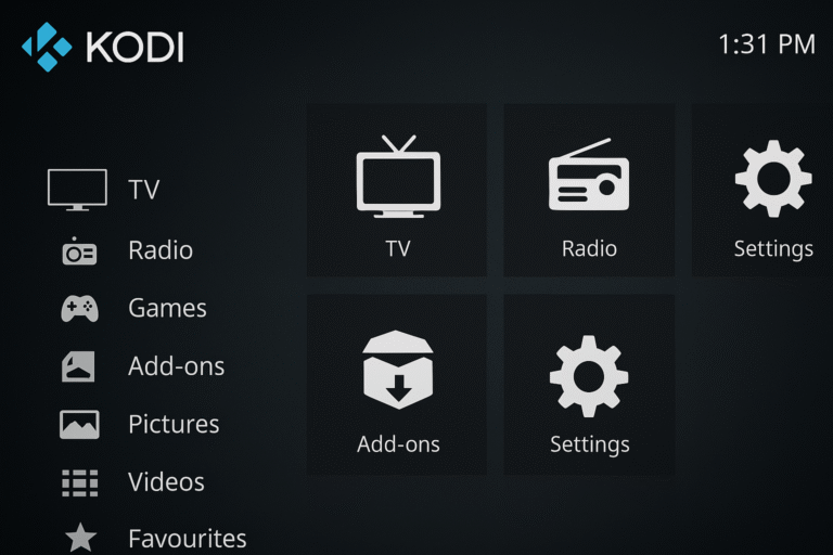 Interface d’accueil de Kodi IPTV affichant les options TV, Radio, Add-ons et Paramètres sur un fond sombre moderne.