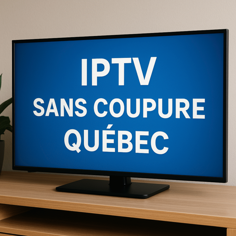 Écran de télévision affichant le texte “IPTV sans coupure Québec” sur un fond bleu, symbolisant un service de streaming fluide et stable au Québec.