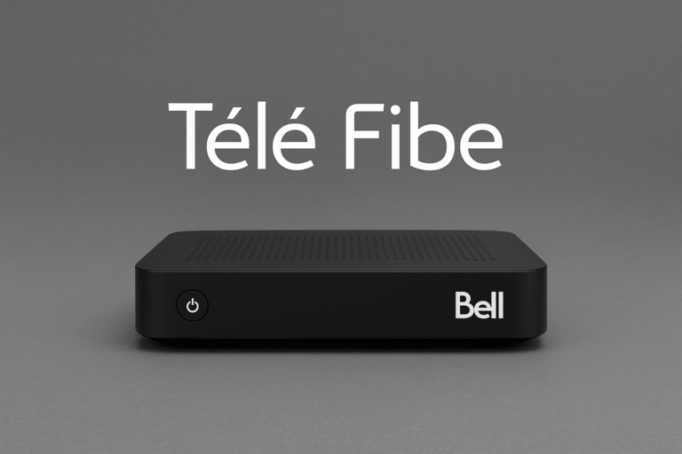 Écran de télévision affichant le logo “Bell Télé Fibe” sur un fond bleu, représentant le service de télévision numérique haute définition de Bell au Québec