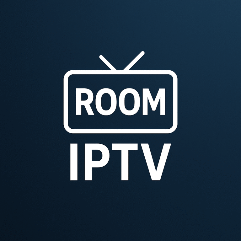 Logo ROOM IPTV en blanc sur un fond bleu foncé avec une icône de télévision stylisée.