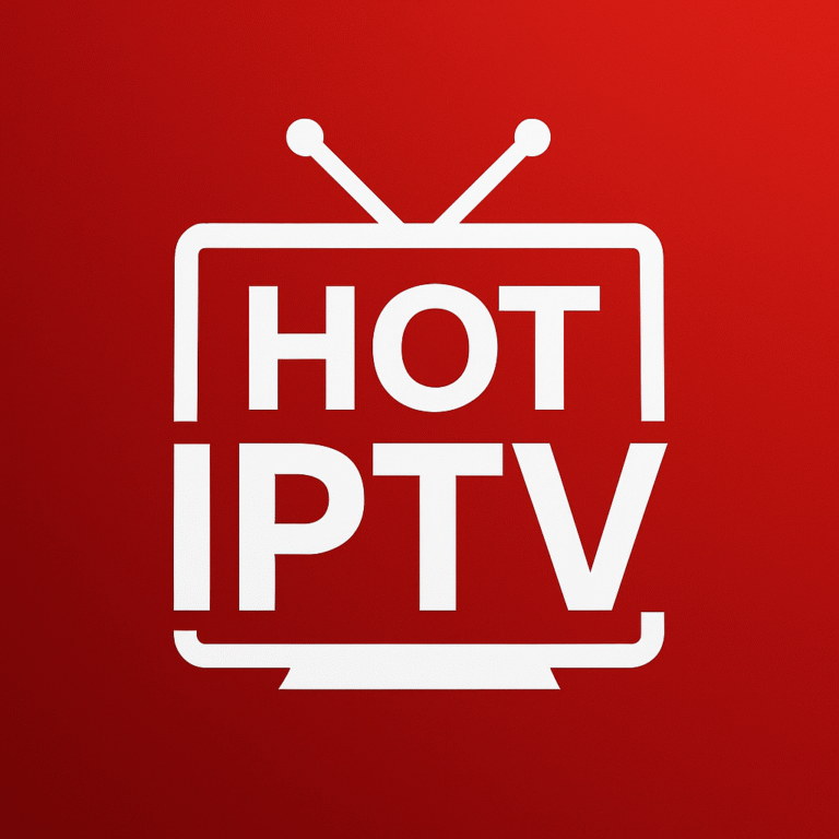 HOT IPTV en style moderne, montrant une icône de télévision blanche sur fond rouge avec un design épuré.