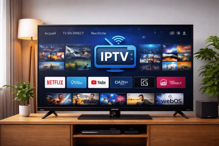 "LG Smart TV avec webOS affichant l’interface IPTV, incluant IPTV PRO, IPTV Québec et IPTV Canada. Téléviseur sur meuble moderne avec décoration, lumière ambiante chaleureuse et télécommande à proximité."