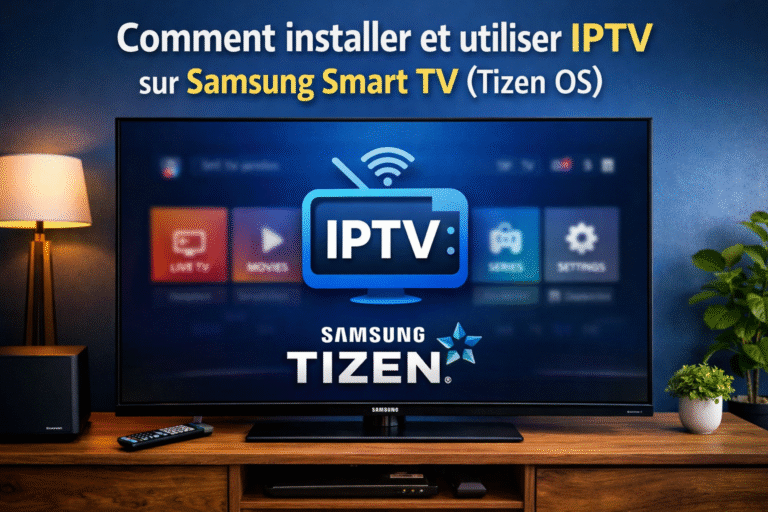Guide pour installer et utiliser IPTV sur Samsung Smart TV (Tizen OS) Illustration montrant l’écran d’accueil IPTV, avec IPTV PRO, IPTV QUEBEC et IPTV CANADA accessibles via un abonnement IPTV."