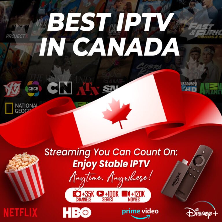 "Meilleur IPTV Québec en 2026 affiché sur écran TV moderne, interface de service IPTV Canada avec chaînes locales, films et sports en direct."