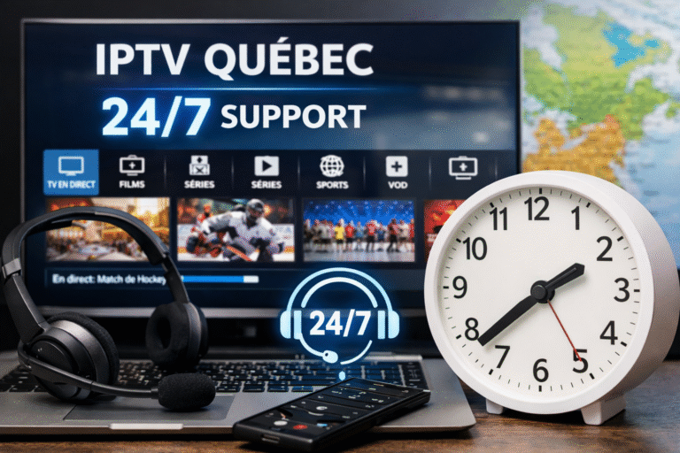 IPTV Québec avec support client 24/7 affiché sur Smart TV et appareils connectés