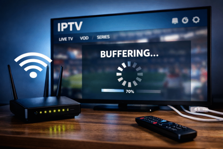IPTV buffering constant au Québec affiché sur une télévision avec un routeur Wi-Fi et un service IPTV instable