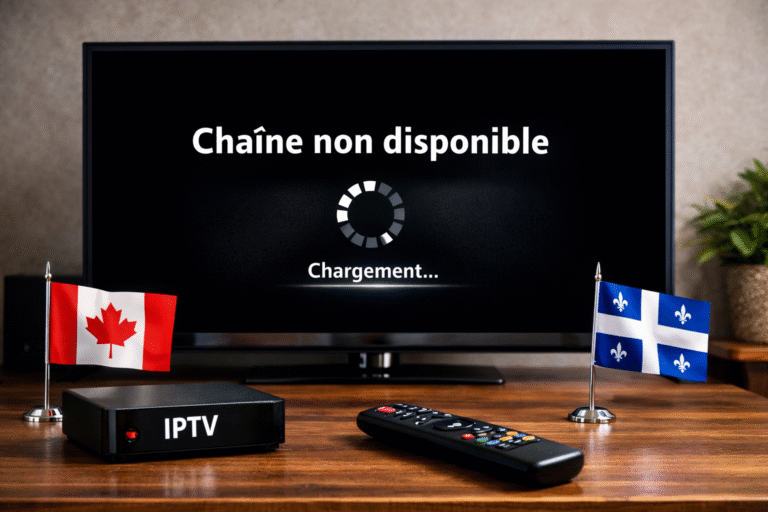 Écran TV affichant “IPTV chaîne non disponible” avec boîtier IPTV, télécommande et drapeaux du Canada et du Québec