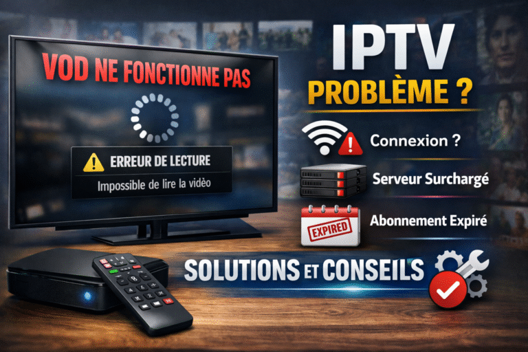 Image illustrant un problème IPTV VOD ne fonctionne pas, avec écran TV affichant une erreur de lecture, connexion instable, serveur surchargé et abonnement IPTV expiré.