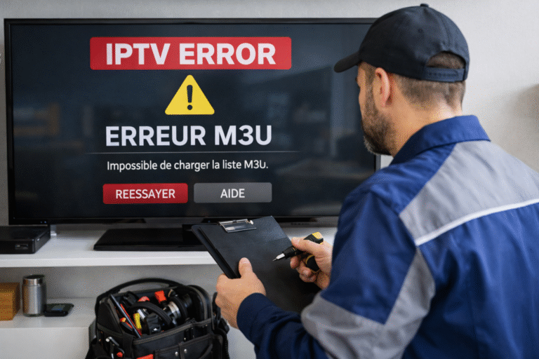 Technicien effectuant un dépannage IPTV devant une télévision affichant une Iptv erreur M3U