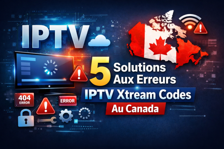Illustration IPTV Xtream Codes erreurs au Canada avec 5 solutions, écran TV affichant une erreur, icônes de sécurité et carte du Canada, service IPTV.