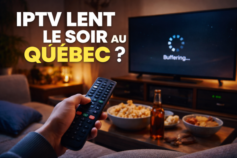 Télévision affichant un écran de buffering IPTV le soir au Québec, avec une télécommande pointée vers l’écran dans un salon moderne.