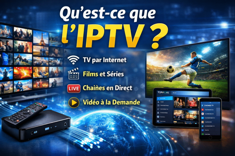 Illustration expliquant Qu’est-ce que l’IPTV : télévision par Internet avec chaînes en direct, films, séries et vidéo à la demande sur Smart TV et appareils connectés