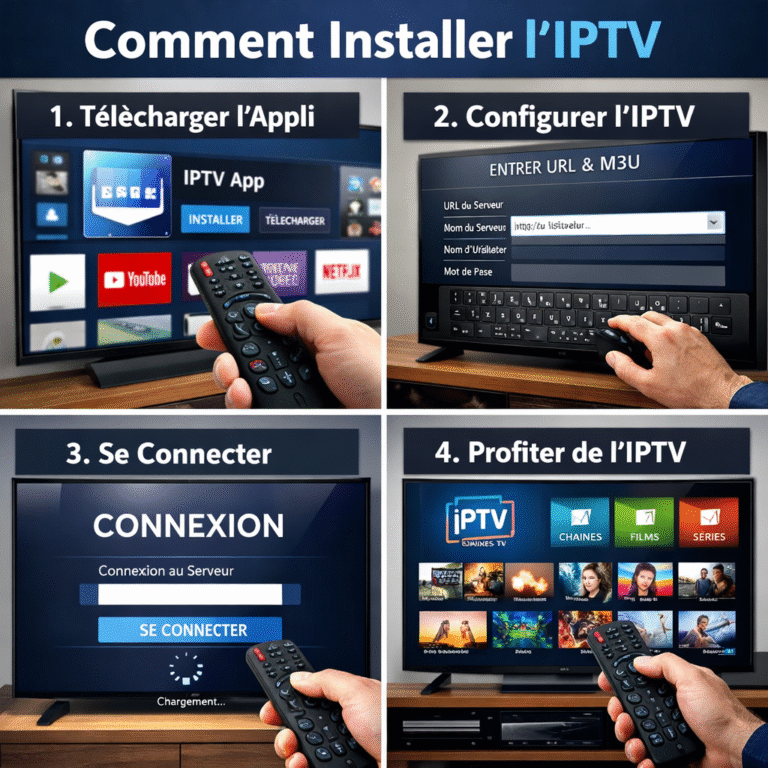 Comment installer l’IPTV sur Smart TV et Android – étapes pour télécharger l’application IPTV, configurer l’URL M3U, se connecter au serveur et regarder les chaînes TV, films et séries