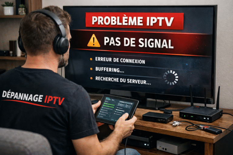 Dépannage IPTV au Québec : technicien résolvant un problème IPTV, erreur de connexion et absence de signal sur télévision