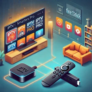 Écran d’Amazon Fire Stick montrant l’installation d’une application IPTV, la configuration d’un abonnement IPTV et l’affichage des chaînes IPTV sur Fire Stick.