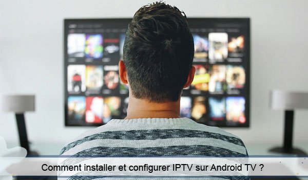 Écran d’une Android TV montrant les étapes d’installation d’une application IPTV : accès au Google Play Store, recherche de l’application IPTV, bouton « Installer » affiché, puis ouverture de l’application sur l’écran d’accueil.