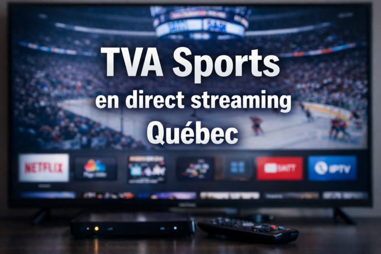 TVA Sports en direct streaming Québec affiché sur un téléviseur avec match de hockey en arrière-plan et boîtier IPTV à Montréal