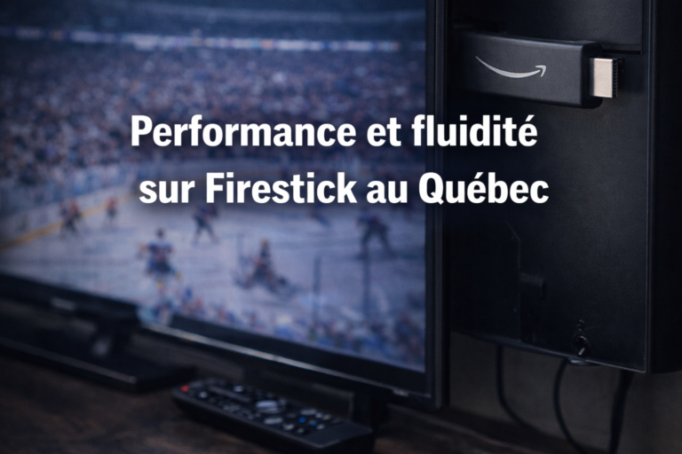 Meilleure application IPTV pour Firestick au Québec affichée sur une télévision avec Fire TV Stick et streaming sportif en arrière-plan