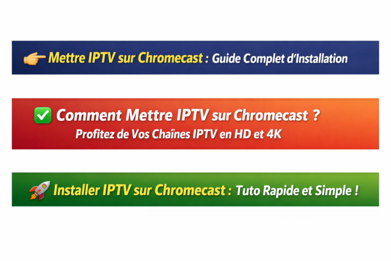Bannière avec le texte “Comment Mettre IPTV sur Chromecast” sur fond dégradé rouge et orange avec icône coche verte.