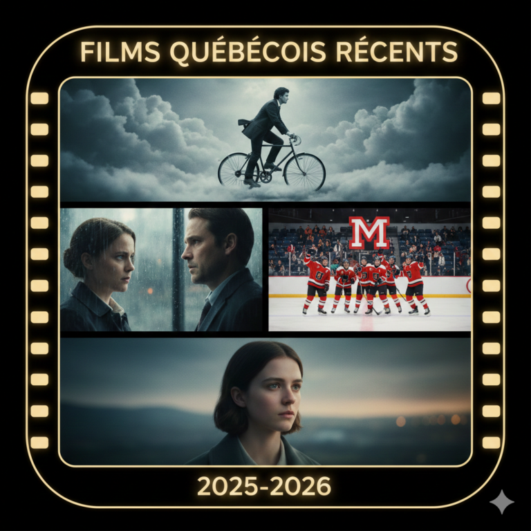 Affiche composite représentant des scènes marquantes du cinéma québécois récent 2025-2026, incluant un homme à vélo sur des nuages, un couple en scène dramatique, une équipe de hockey féminine en action, et une jeune femme pensive, le tout encadré par des bobines de film avec le texte "FILMS QUÉBÉCOIS RÉCENTS 2025-2026".