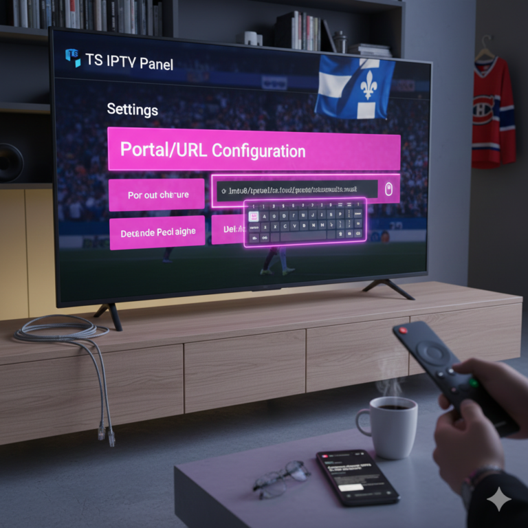 Interface de configuration IPTV sur une Smart TV affichant le menu pour Comment changer l'URL IPTV du portail au Québec.